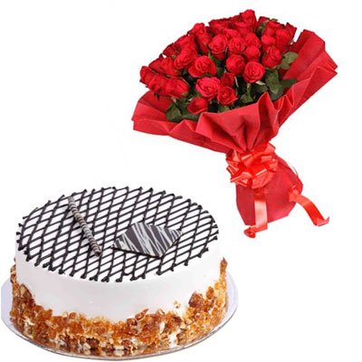 "Butterscotch cake - 1kg, Red Roses Flower Bunch - Click here to View more details about this Product
